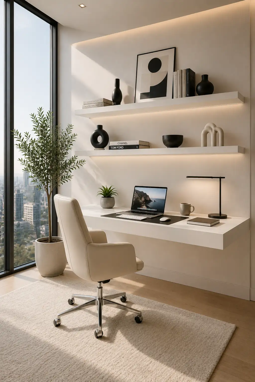 Modern small home office ideas with floating desk, white floating shelves, integrated LED shelf lighting, ergonomic office chair, black desk lamp, decorative artwork, minimalist office décor, floor to ceiling windows, bright workspace, luxury home office inspiration.