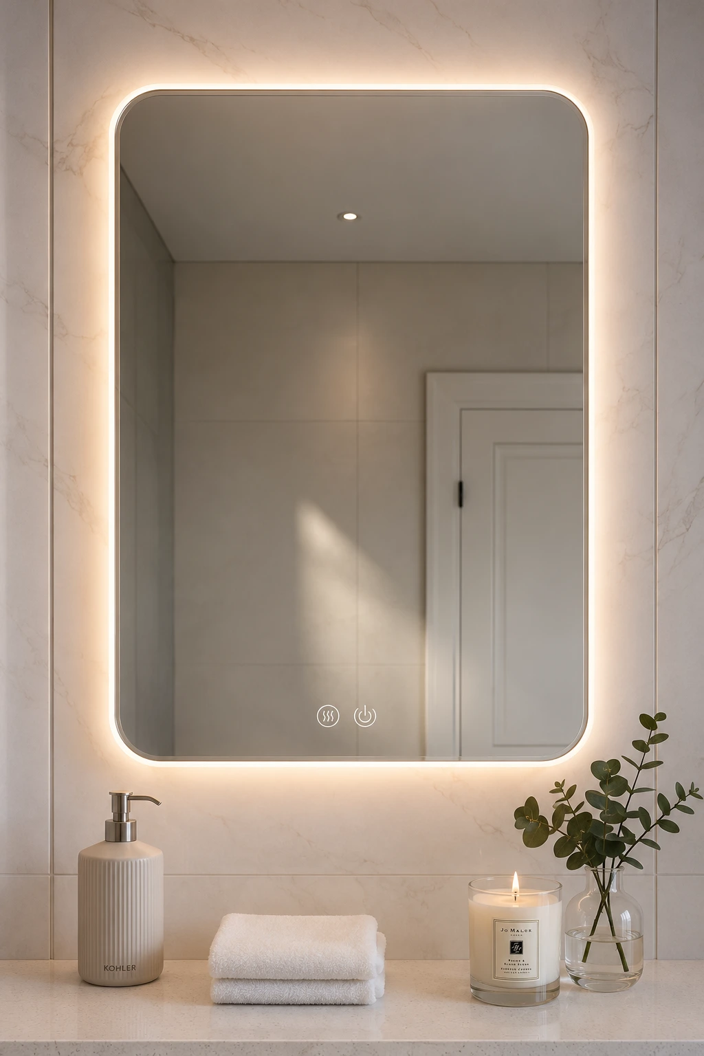 Large backlit LED bathroom mirror with warm ambient lighting above a white vanity, ceramic soap dispenser, folded white towels, glass vase with eucalyptus, scented candle, luxury modern bathroom lighting, elegant vanity makeover, small bathroom renovation inspiration.