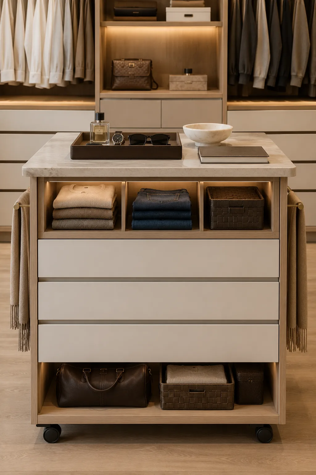 Compact rolling closet island inside a luxury walk in closet featuring storage drawers, open shelving, marble style countertop, organized folded clothing, handbags, decorative trays, premium cabinetry, lockable caster wheels, and functional small closet organization ideas for flexible storage.