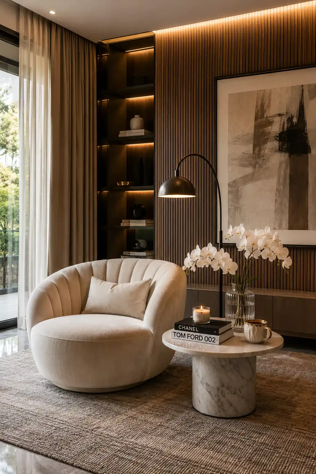 Contemporary curved accent reading chair with marble side table, walnut slat wall, elegant artwork, brass floor lamp, luxury living room decor, and modern reading nook styling with warm neutral colors.