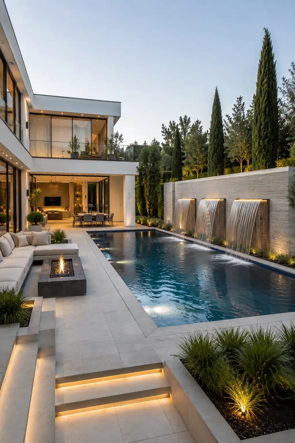 Modern backyard pool with elegant water wall waterfalls, textured feature wall, porcelain pavers, luxury outdoor lounge, fire pit seating area, contemporary landscaping, LED lighting, and resort style pool design for a sophisticated outdoor living space.