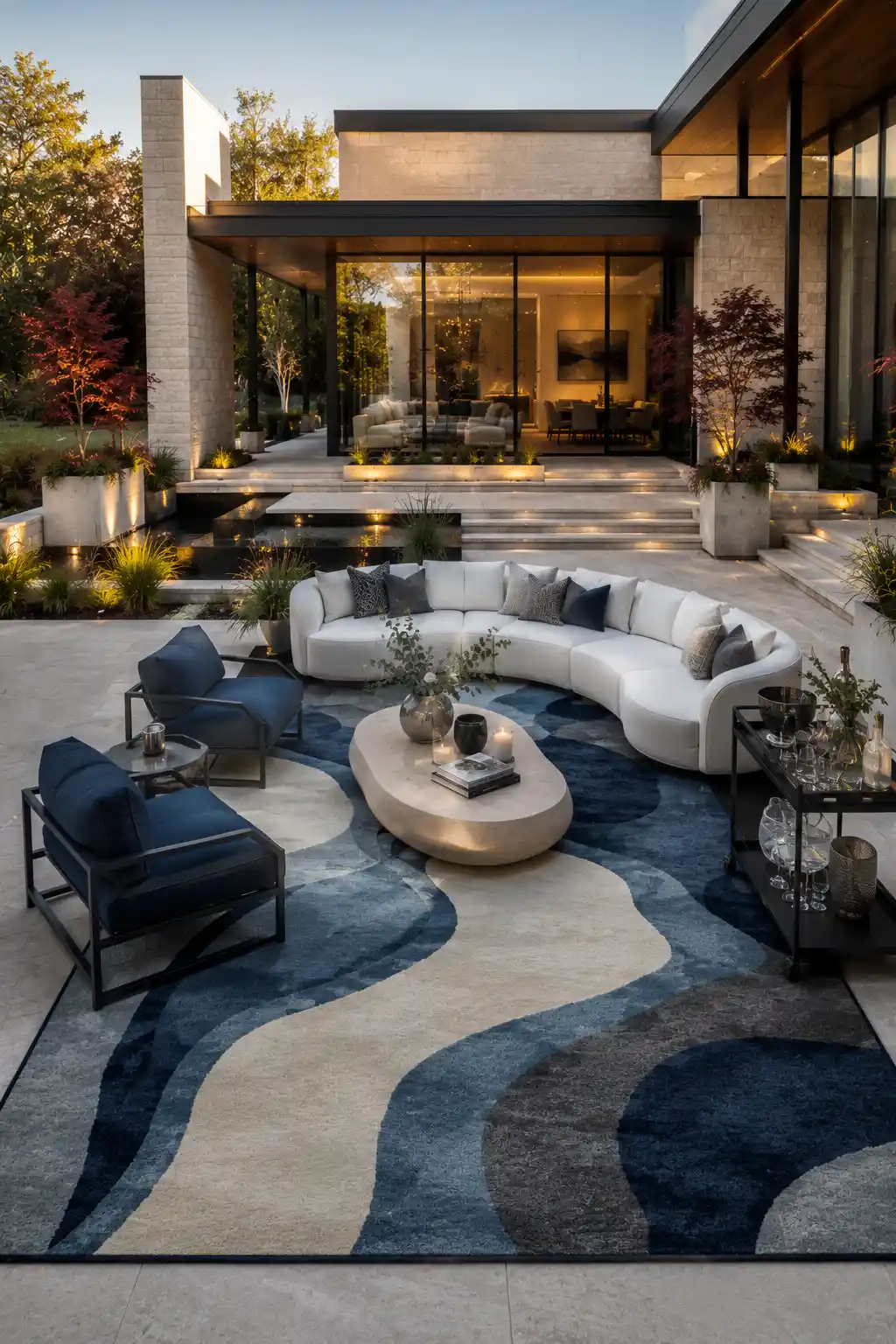 Luxury contemporary patio featuring a stunning blue abstract outdoor rug beneath a curved white sectional sofa, navy outdoor lounge chairs, sculptural stone coffee table, elegant outdoor bar cart, architectural landscaping, premium lighting, modern glass home, and a stylish designer outdoor seating area.