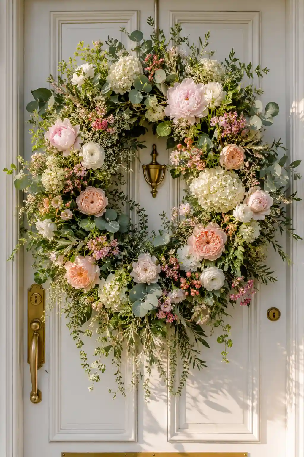 Oversized luxury spring wreath featuring lush eucalyptus, olive branches, white hydrangeas, blush peonies, garden roses, and trailing greenery displayed on a warm white front door with elegant brass hardware and beautiful morning sunlight.