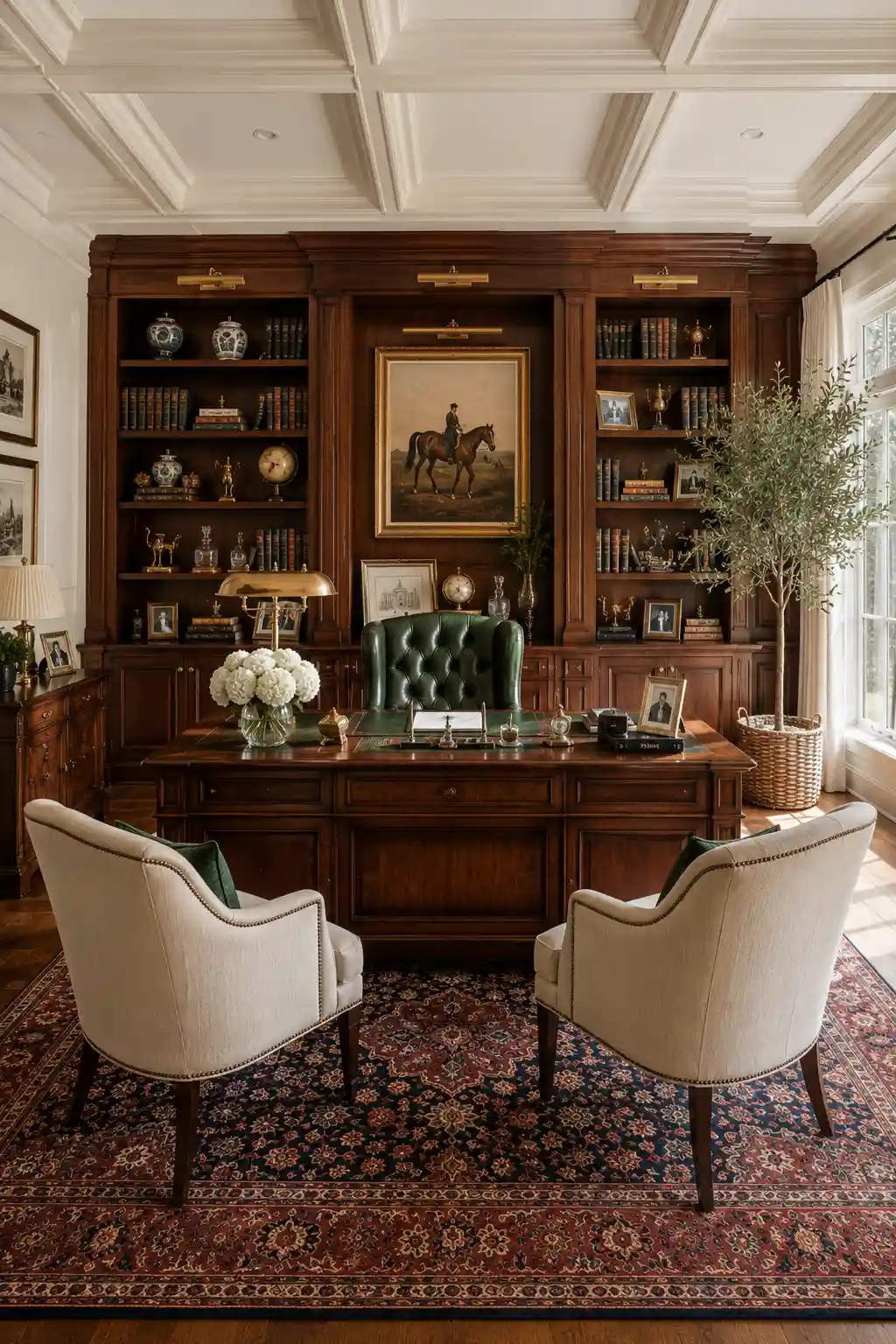Sophisticated Ralph Lauren home office with floor to ceiling walnut bookshelves, executive wood desk, green tufted leather office chair, upholstered guest chairs, Persian area rug, brass picture lights, equestrian artwork, decorative globes, framed photos, fresh flowers, luxury office accessories, and timeless traditional study room design.