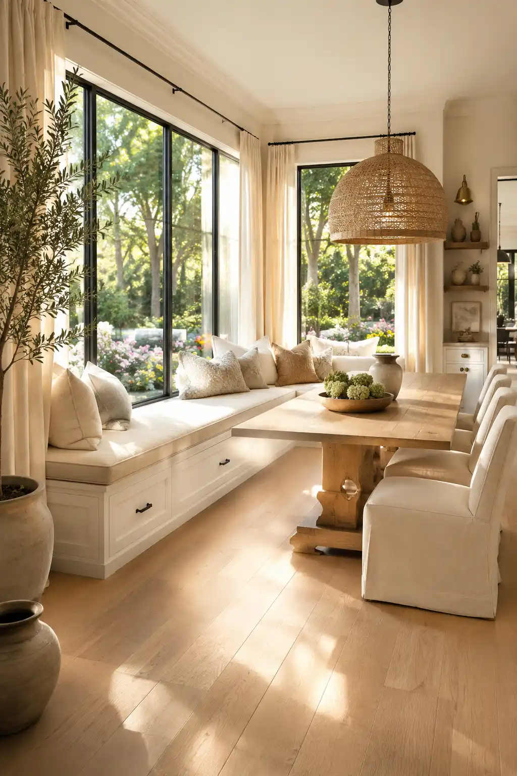 Window seat banquette with built in storage drawers, farmhouse dining table, black framed windows, woven pendant light, white built in bench, neutral cushions, bright breakfast nook, custom dining bench, cozy window seating ideas, elegant dining room inspiration.