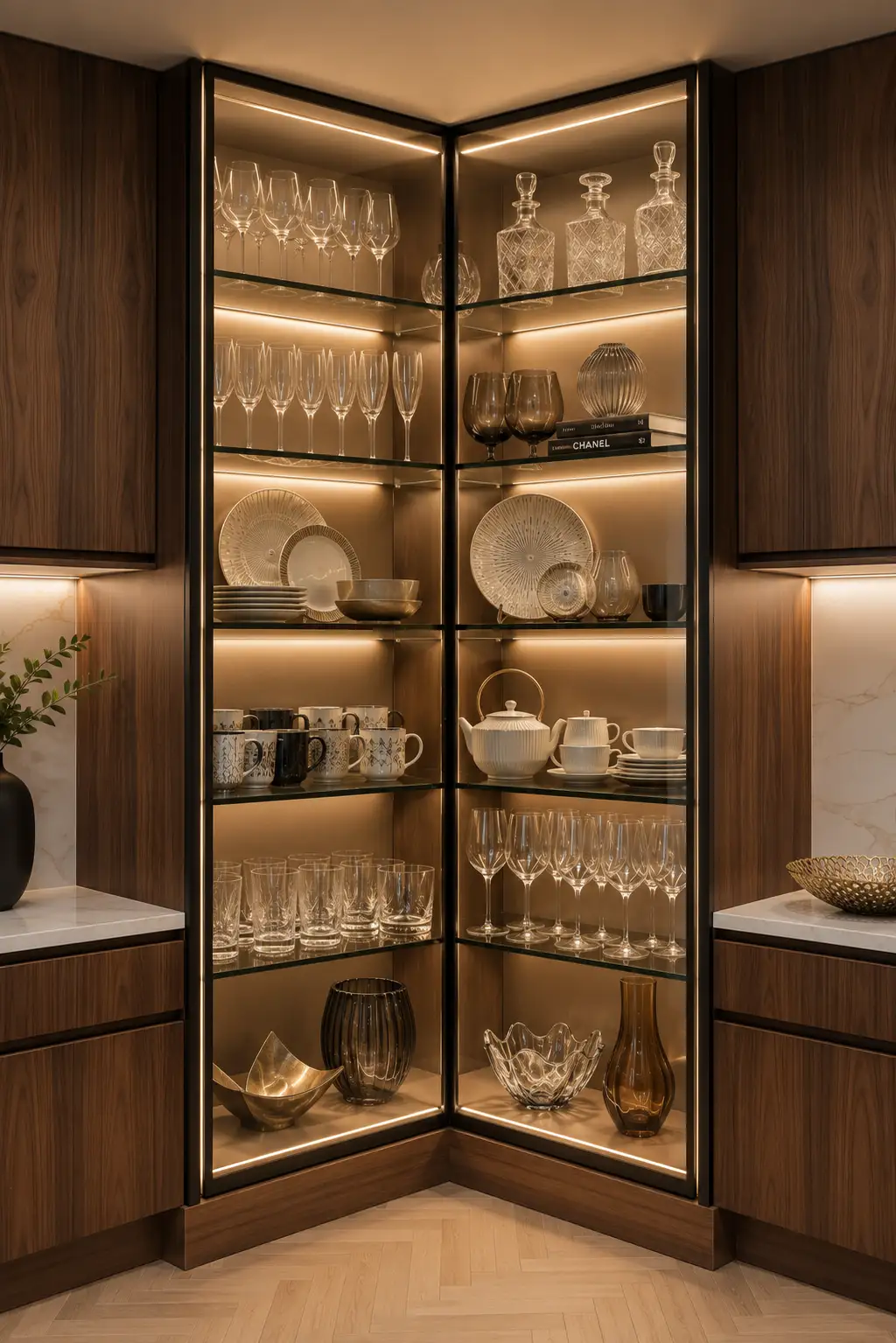 Modern glass corner display cabinet with illuminated glass shelves showcasing crystal wine glasses, premium dinnerware, decorative bowls, serving platters, and elegant kitchen accessories. Luxury walnut cabinetry, integrated LED lighting, quartz countertops, and contemporary kitchen corner cabinet design.