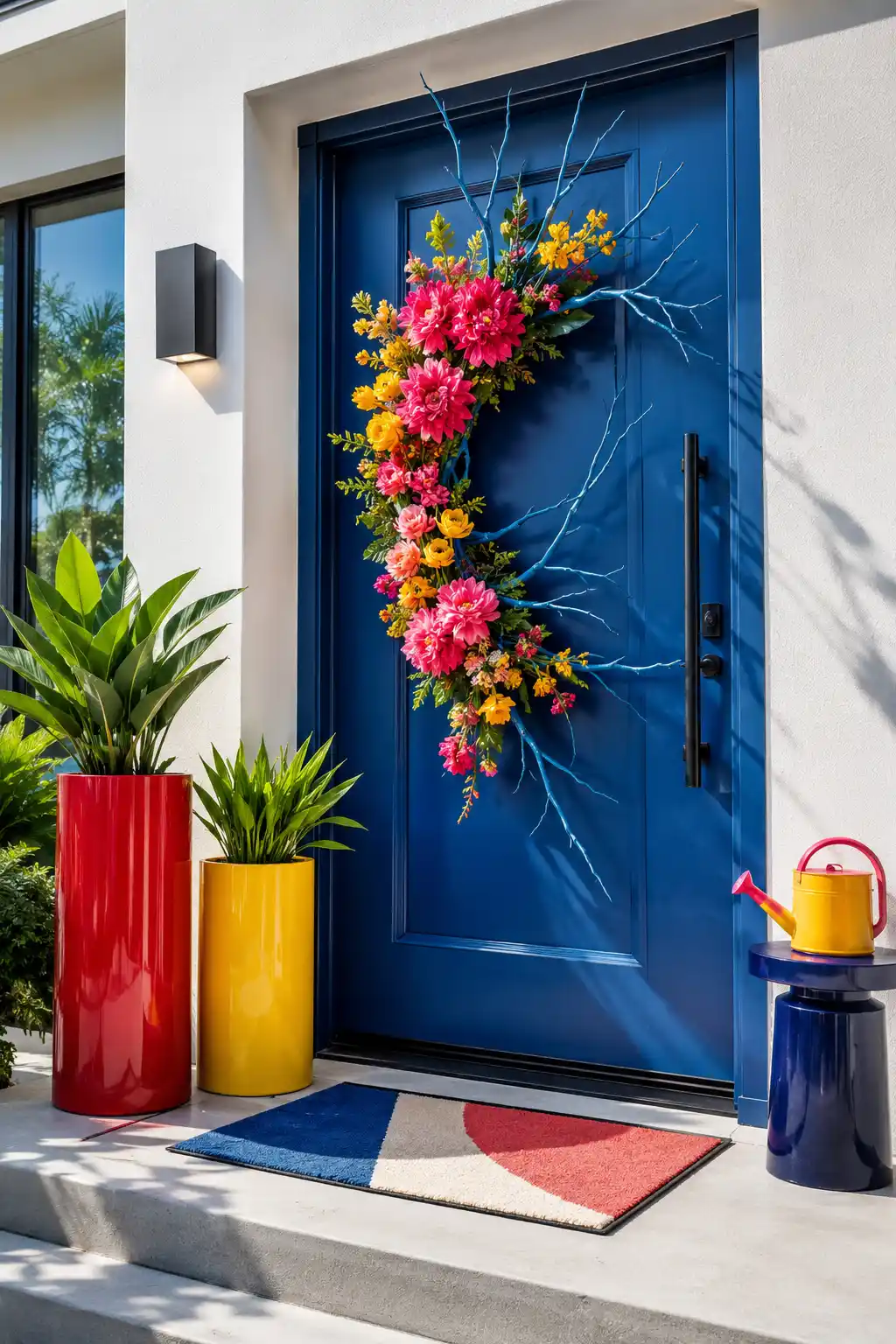 Bold cobalt blue modern front door decorated with an asymmetrical seasonal flower wreath featuring vivid pink, coral, and yellow blooms, surrounded by glossy red and yellow planters, tropical greenery, and a colorful geometric doormat.
