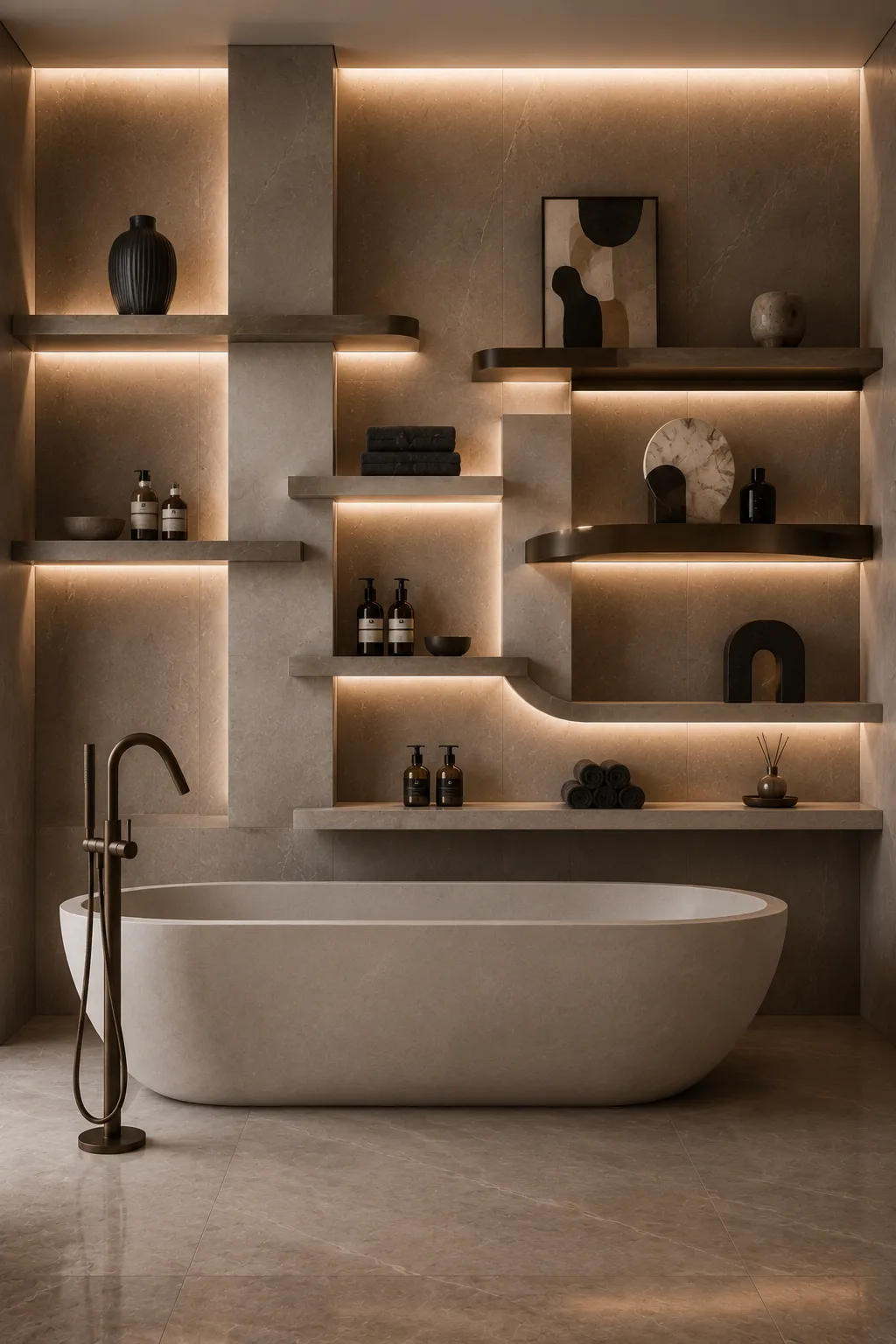 High end modern bathroom with asymmetrical floating wall shelves behind a freestanding bathtub, featuring integrated lighting, sculptural decor, framed artwork, rolled towels, and stylish bath product storage.