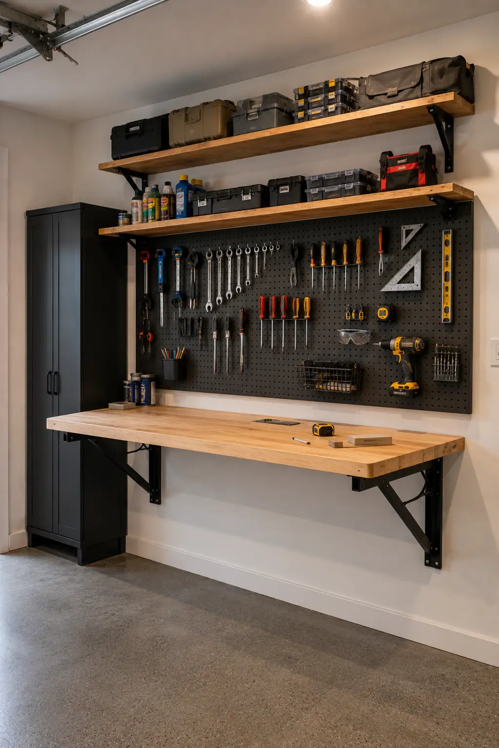 Space saving garage workshop featuring a wall mounted fold down wooden workbench with strong black metal brackets, a large black pegboard filled with organized hand tools, power drills, wrenches, screwdrivers, measuring tools, and safety equipment. Floating wood shelves and a tall storage cabinet complete the compact garage workshop setup.