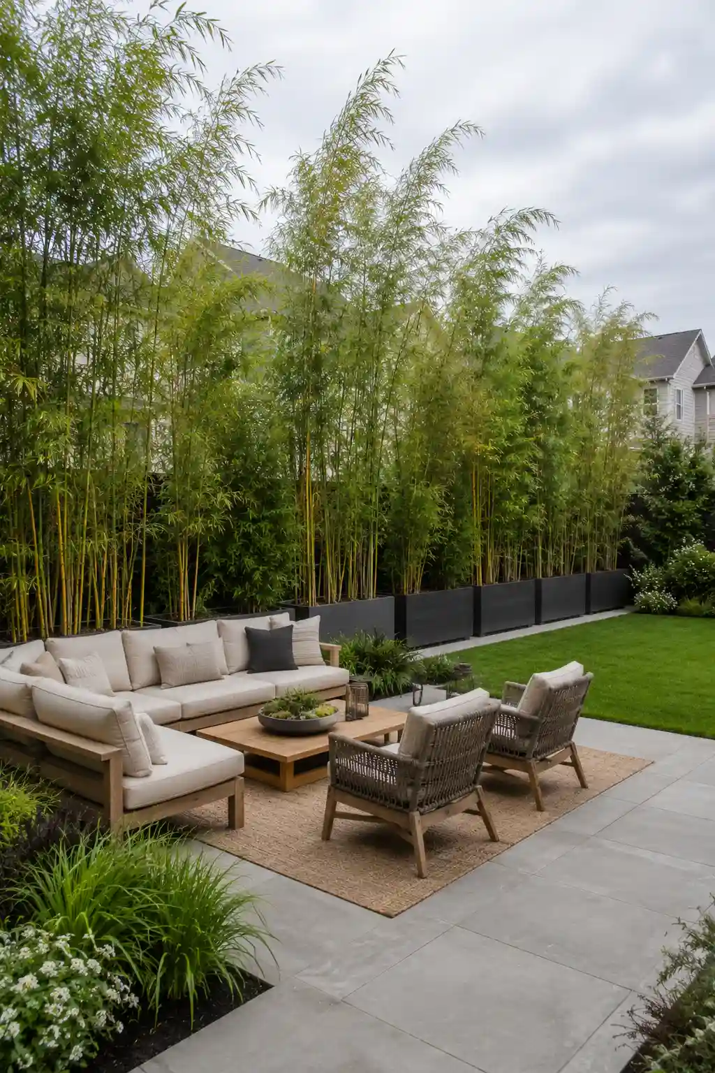 Modern backyard patio featuring tall bamboo privacy plants growing in large black rectangular planters, creating a lush natural screen behind a comfortable outdoor sofa, woven chairs, and landscaped lawn.