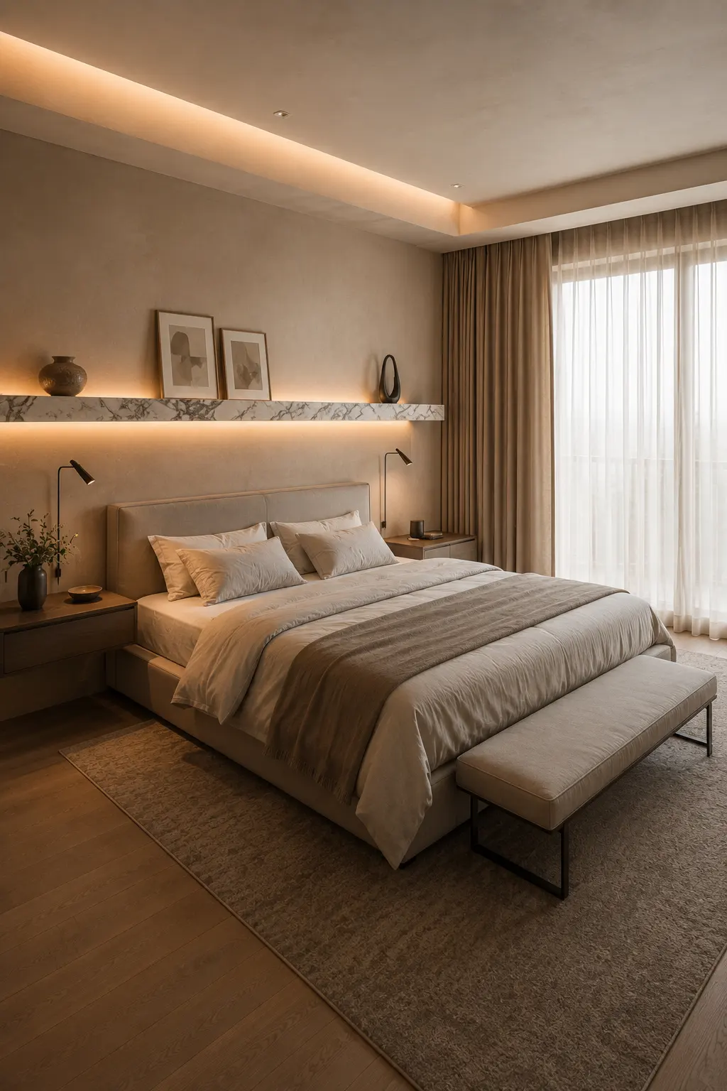Elegant modern bedroom with a slim floating marble shelf above the upholstered headboard, warm concealed LED lighting, framed neutral artwork, sculptural ceramic decor, layered white bedding, wood nightstands, and soft floor to ceiling curtains.
