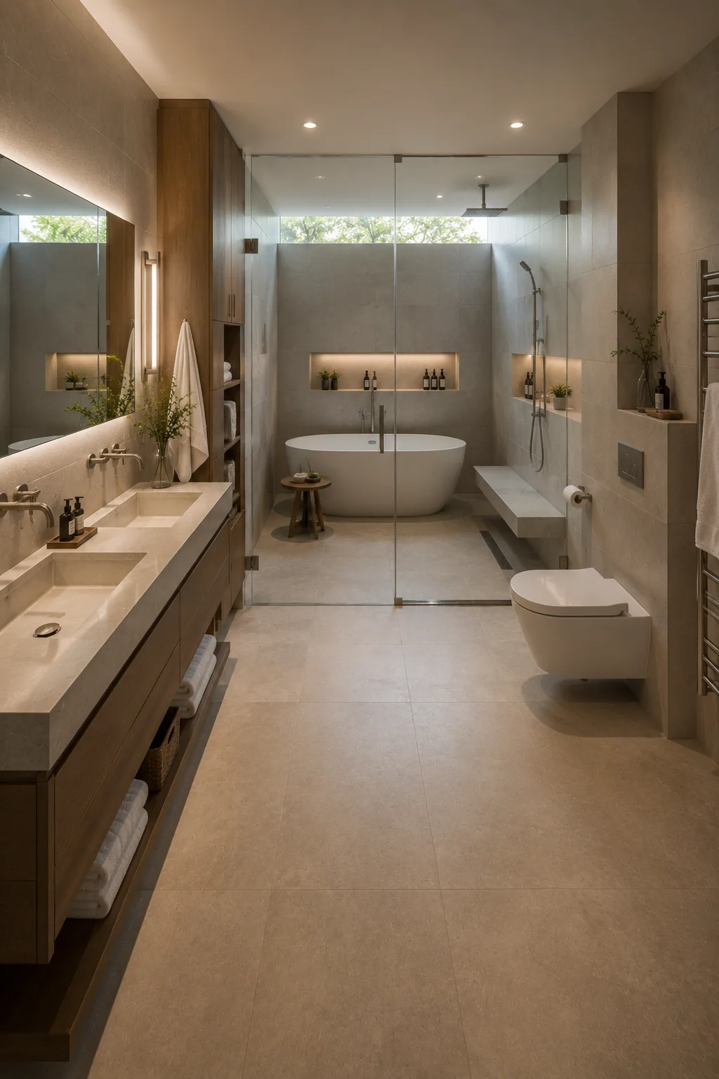 Luxury wet room bathroom featuring a freestanding soaking tub and rainfall shower inside a spacious glass enclosure, built in shower bench, illuminated wall niches, floating double vanity, wall hung toilet, tall wood storage, heated towel rail, and seamless natural stone flooring.