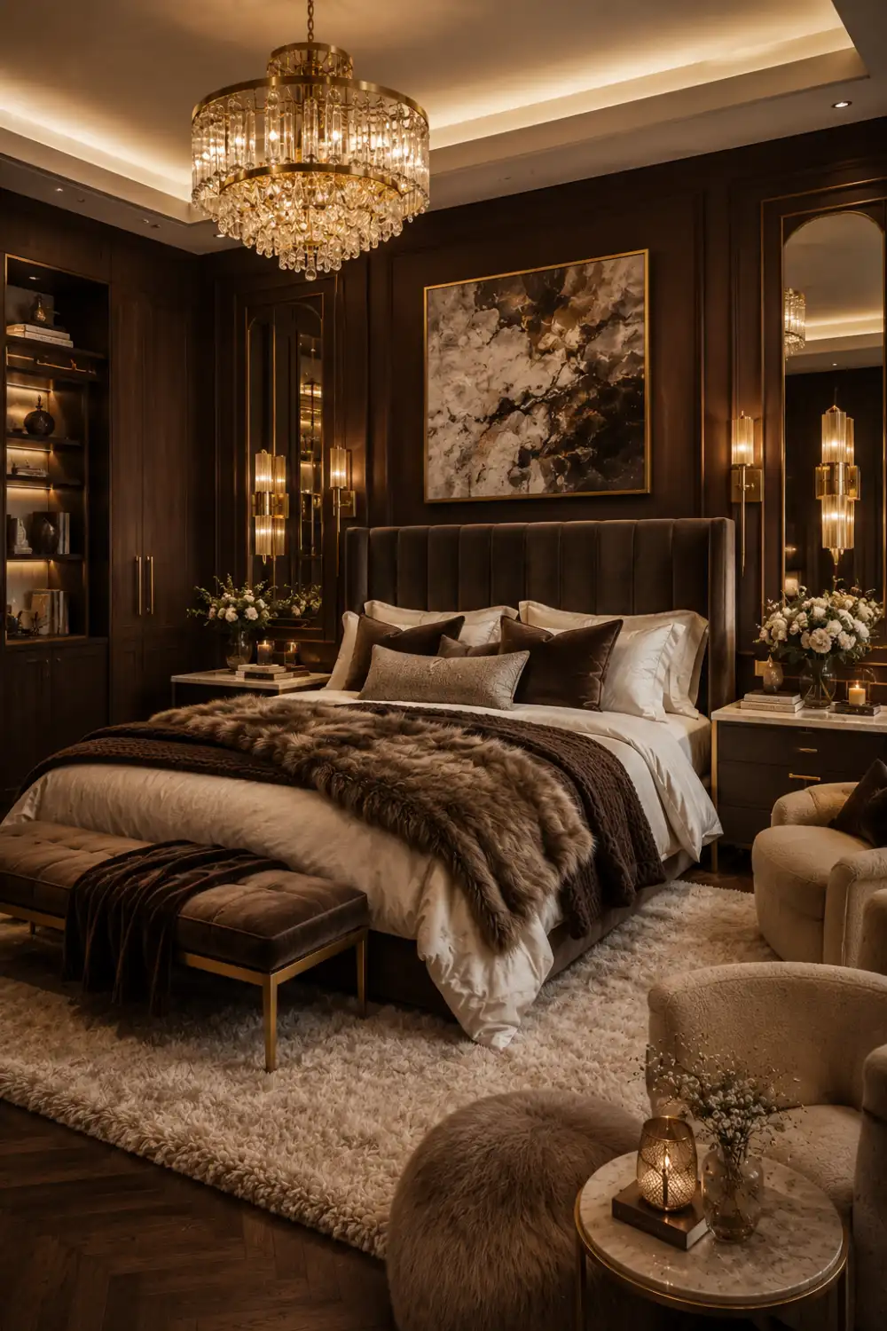 Luxury mocha brown bedroom featuring linen white bedding, brass gold lighting, crystal chandelier, velvet headboard, boutique hotel bedroom, elegant luxury decor, modern classic bedroom, dark wood furniture, sophisticated bedroom color palette, premium bedroom inspiration, cozy luxury interior, designer bedroom ideas.