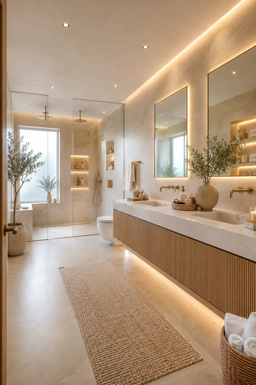 Soft sand earth tone bathroom featuring a fluted wood vanity, brushed gold fixtures, oversized illuminated mirror, frameless glass shower, warm stone look porcelain tiles, layered LED lighting, natural décor, and luxurious contemporary bathroom inspiration.