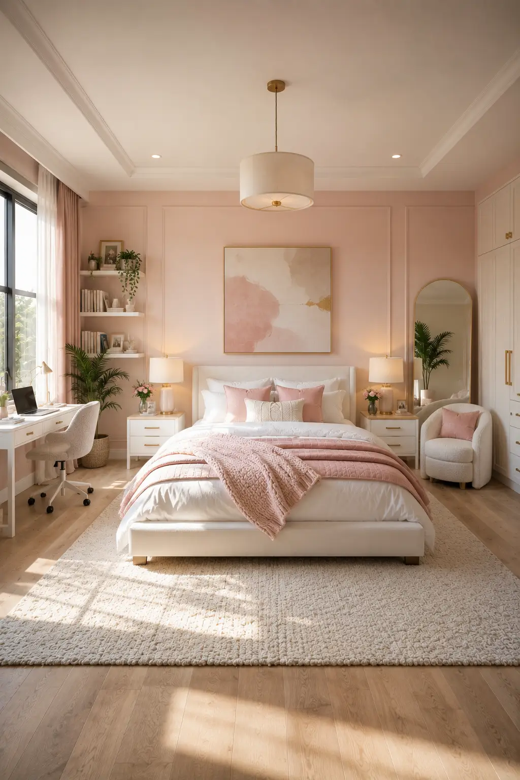 Soft pink and white teen bedroom featuring blush walls, elegant white furniture, cozy layered bedding, modern study desk, floating shelves, arched floor mirror, plush area rug, indoor plants, and bright feminine bedroom inspiration.