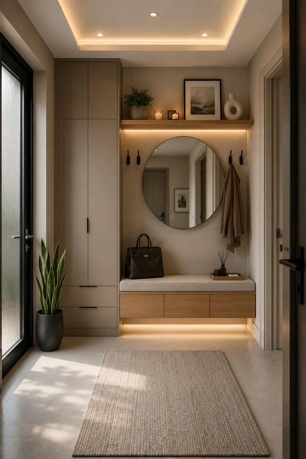 Compact apartment entryway storage featuring slim built in cabinets, floating oak bench, hidden shoe drawers, round mirror, matte black coat hooks, floating shelf, LED lighting, porcelain flooring, and space saving entryway organization for small homes.