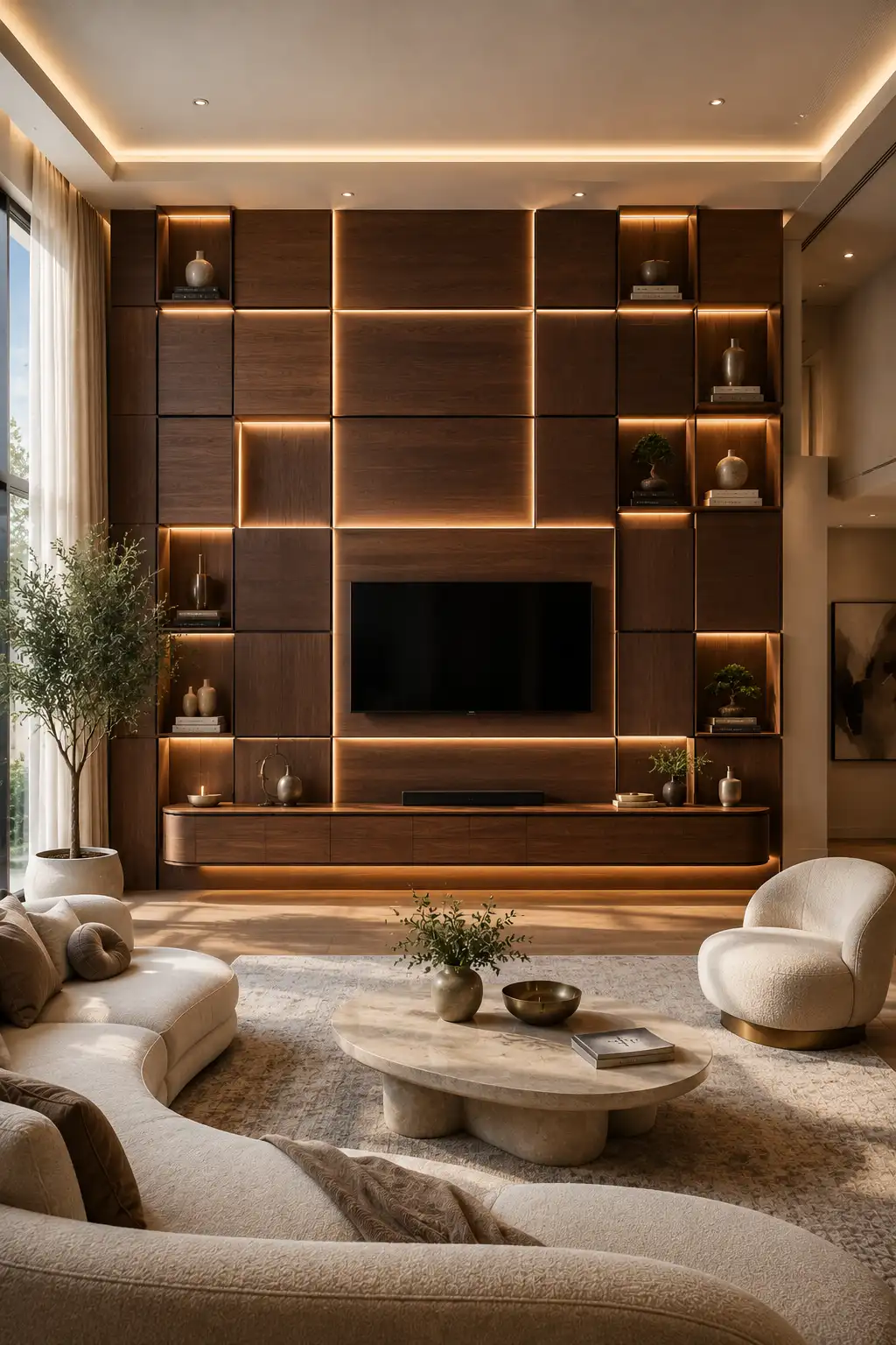 Luxury illuminated wood grid TV wall featuring custom walnut paneling, integrated LED lighting, floating media console, decorative display niches, premium architectural design, and a stylish modern living room with warm contemporary décor.