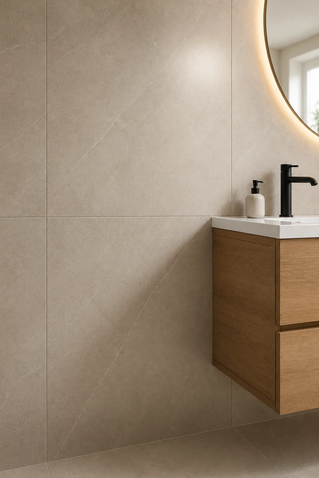 Large format warm beige porcelain bathroom wall tiles with subtle stone texture, floating natural oak vanity, white quartz countertop, matte black faucet, LED mirror, and seamless modern bathroom decor designed for small spaces.