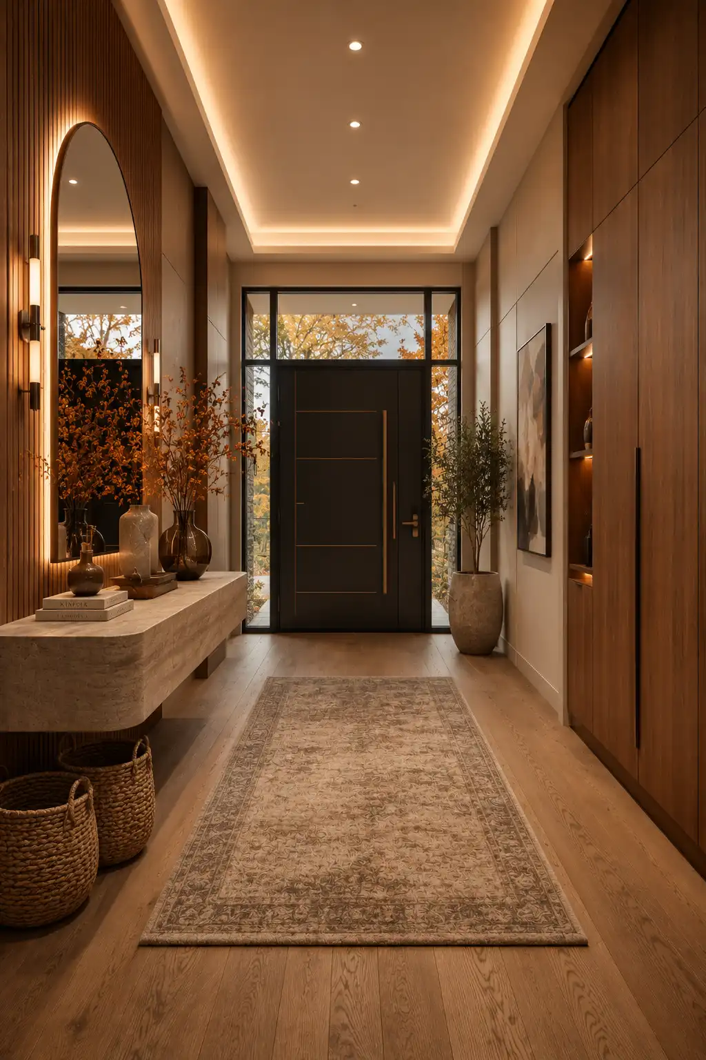 Luxury fall entryway with a floating travertine console table, oversized backlit mirror, walnut wall panels, decorative ceramic vases, autumn branches, neutral runner rug, black front door, warm oak flooring, built in storage cabinets, elegant hallway styling, modern fall console table decor inspiration.