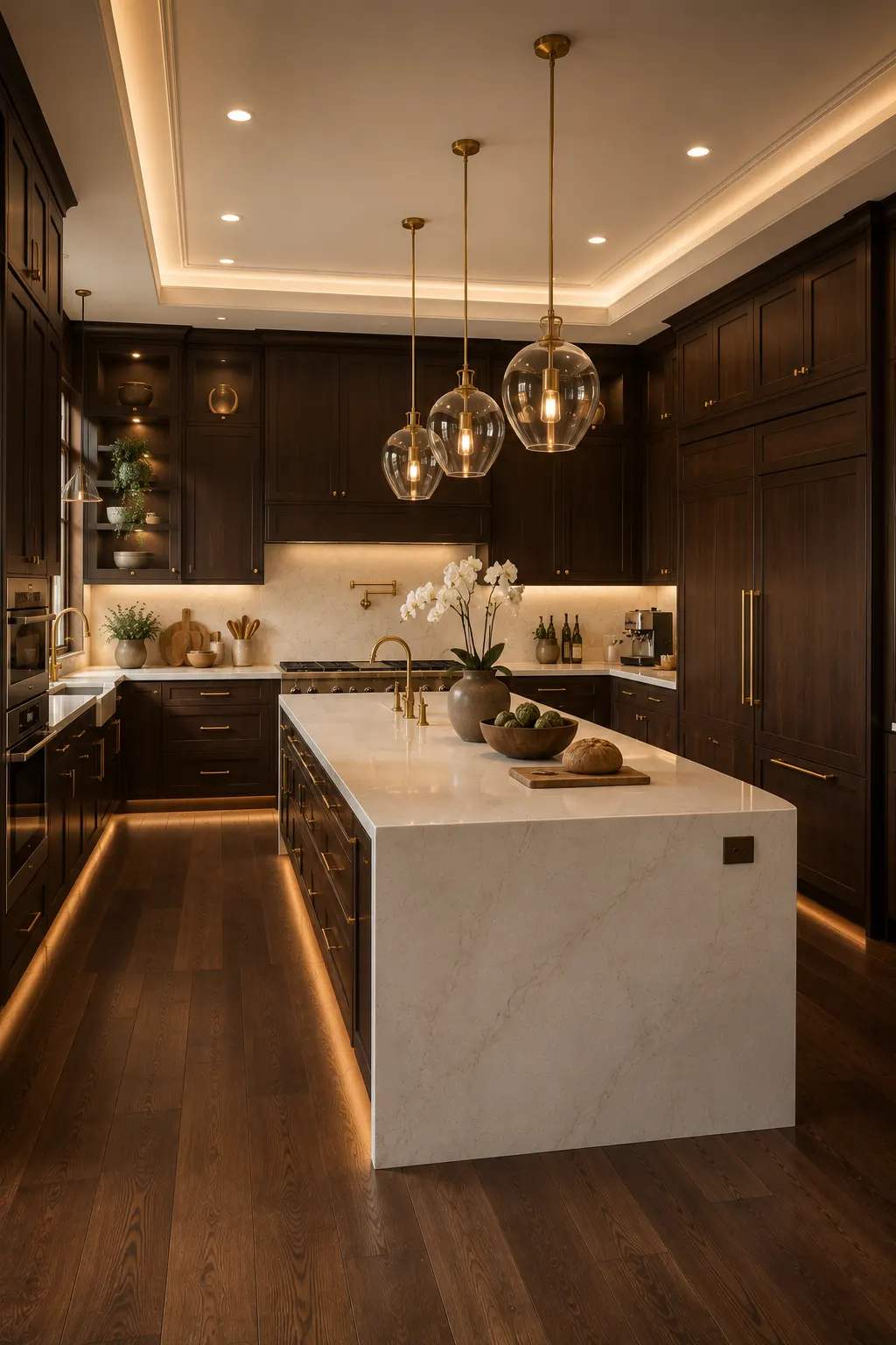 Luxury espresso brown and ivory kitchen featuring rich wood cabinetry, ivory quartz waterfall island, champagne gold hardware, walnut flooring, integrated appliances, decorative pendant lighting, oversized windows, and a timeless modern kitchen color palette.
