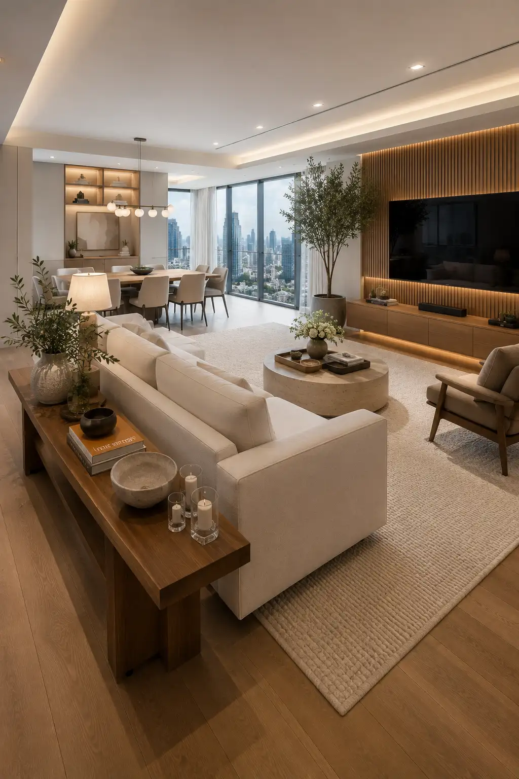 Floating sofa with a walnut console table in a modern small open living room featuring a cream sofa, oversized textured rug, round stone coffee table, luxury wood media wall, elegant dining area, floor-to-ceiling windows, warm oak flooring, neutral home decor, and contemporary interior styling.