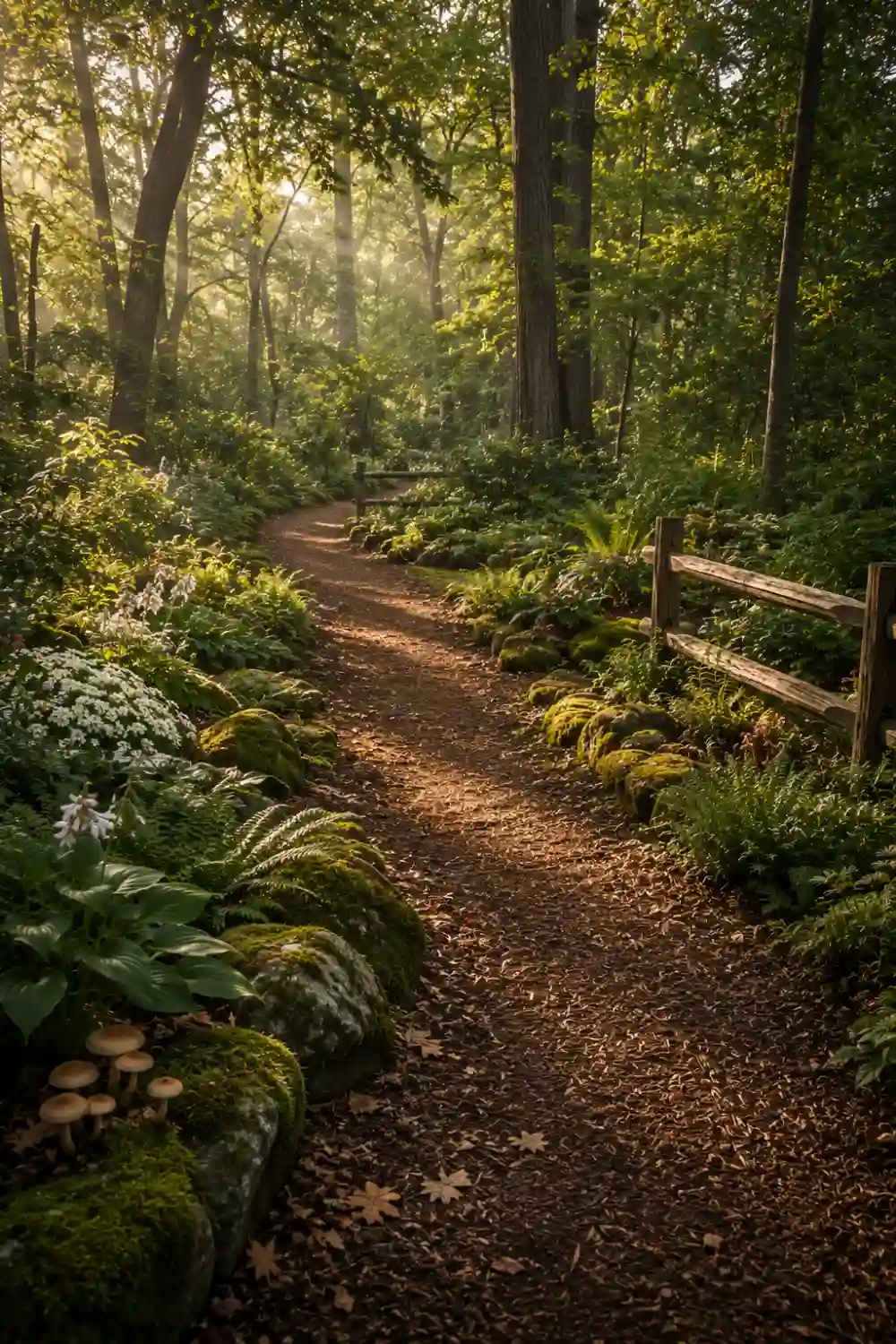Peaceful woodland mulch garden trail winding through tall trees, lush ferns, moss covered rocks, wildflowers, rustic fencing, and natural greenery, creating a serene forest inspired backyard pathway with beautiful landscape design.