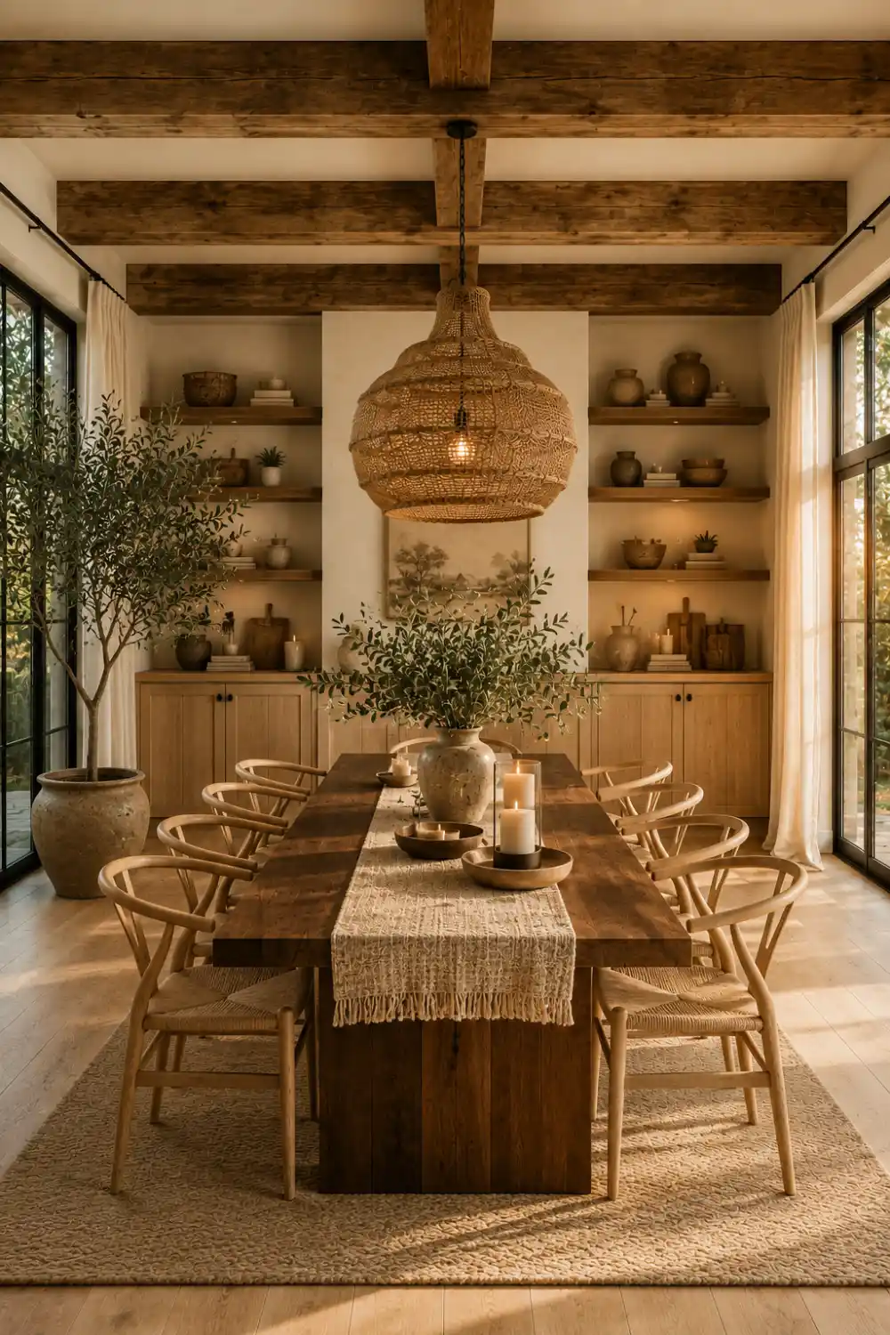 Beautiful modern rustic dining room with reclaimed wood floating shelves, solid oak dining table, wishbone dining chairs, oversized woven pendant light, exposed ceiling beams, handcrafted pottery, ceramic vases, woven baskets, linen table runner, black framed windows, and warm natural lighting for timeless dining room décor inspiration.
