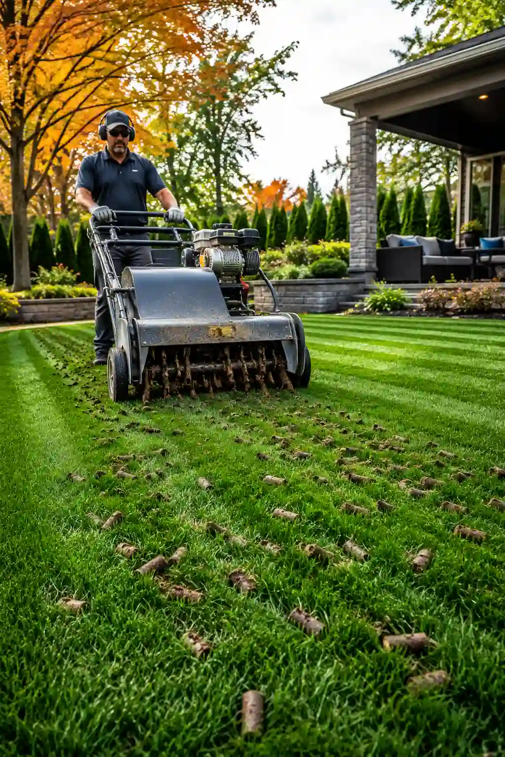 Professional core aerator machine removing soil plugs from a lush striped lawn to improve soil airflow, stronger root growth, healthier grass, backyard landscaping, annual lawn aeration, and premium lawn care maintenance.