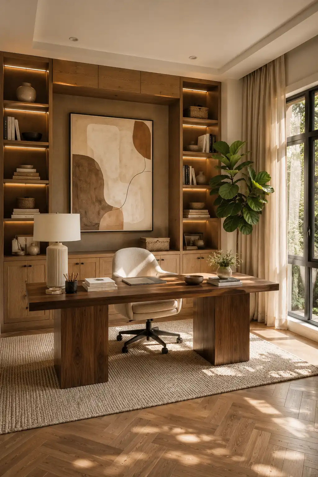 Luxury built in wall home office with floor to ceiling custom cabinetry, floating walnut desk, illuminated shelving, ergonomic office chair, premium wood finishes, natural daylight, decorative accessories, and an elegant workspace for compact rooms.