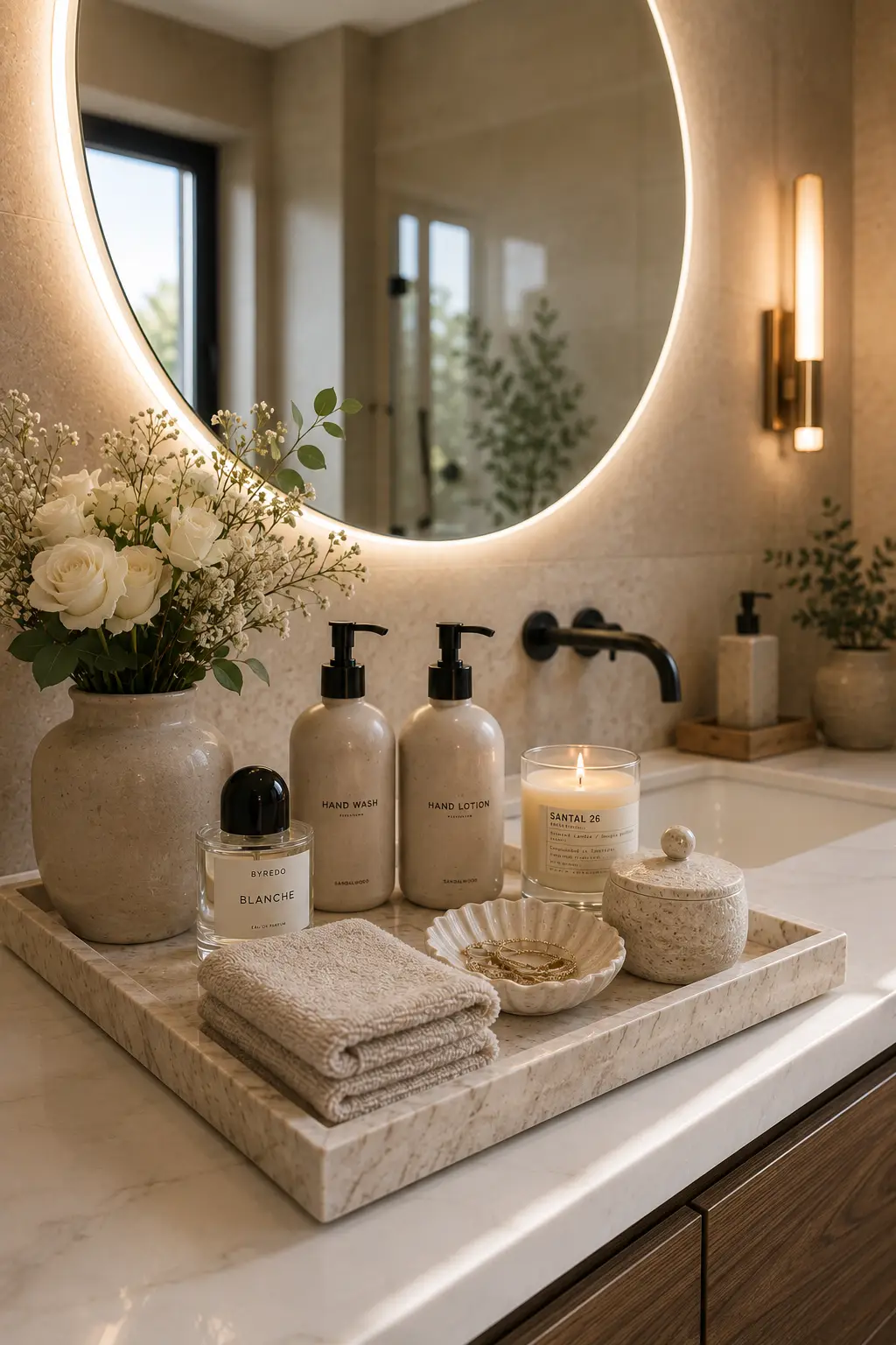 Luxury guest bathroom countertop decorated with a marble tray holding matching soap dispensers, folded towels, scented candle, perfume bottle, decorative flowers, and modern vanity accessories for elegant bathroom styling.