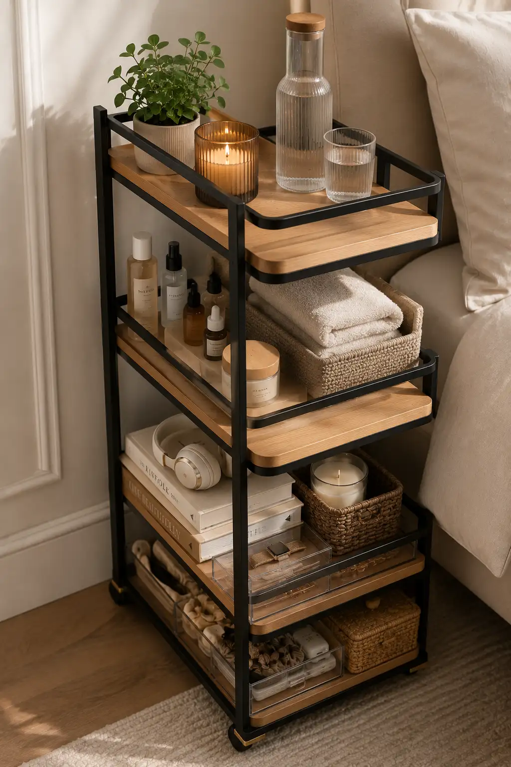 Slim rolling storage cart with wooden shelves and black metal frame holding books, candles, skincare products, storage baskets, and bedroom essentials, designed to maximize narrow spaces in modern small bedrooms.