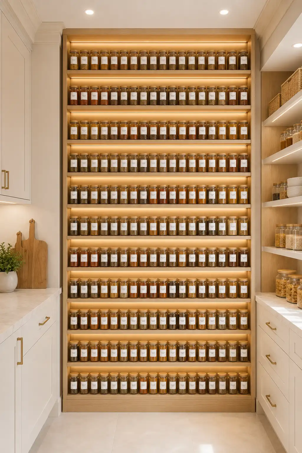 Luxury vertical spice wall featuring matching glass spice jars with minimalist labels, custom white oak shelving, floor to ceiling pantry storage, integrated LED lighting, modern white cabinetry, organized seasonings, and elegant pantry organization ideas for contemporary kitchens.