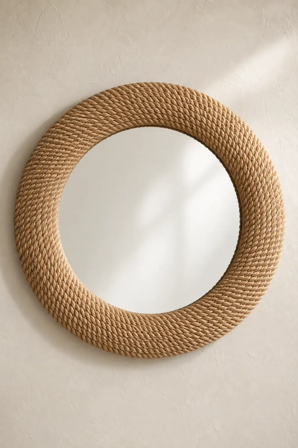 Round rope wrapped mirror frame featuring thick natural sisal rope carefully wrapped around a circular wall mirror with beautiful handcrafted texture and coastal charm. Mounted on a warm plaster wall, this DIY mirror frame is perfect for beach house décor, coastal bathroom ideas, farmhouse interiors, boho home styling, entryway mirrors, and natural rope craft inspiration.