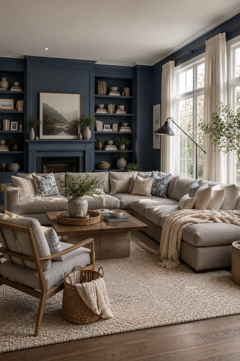 Elegant charcoal blue and warm ivory living room featuring custom charcoal blue built in shelving, matching fireplace surround, oversized warm ivory sectional sofa, wood coffee table, woven storage basket, textured neutral rug, black floor lamp, decorative greenery, oversized artwork, white linen curtains, and large sun filled windows in a cozy luxury interior.