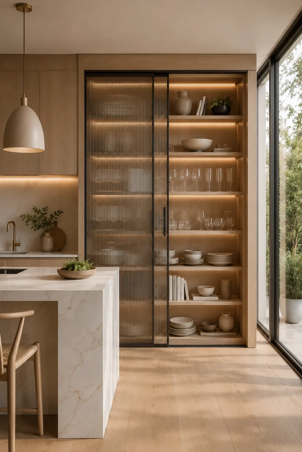 Luxury fluted glass sliding cabinet with illuminated display shelves showcasing elegant dinnerware, wine glasses, ceramic bowls, decorative accessories, warm LED lighting, white oak cabinetry, modern kitchen storage, hidden display cabinet, minimalist luxury kitchen, and contemporary interior design inspiration.