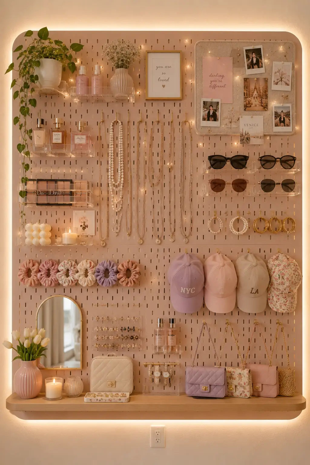 Modern pegboard organizer wall with handbags, jewelry, sunglasses, beauty accessories, acrylic shelves, warm LED lighting, stylish storage, and organized teen girl bedroom decor inspiration.