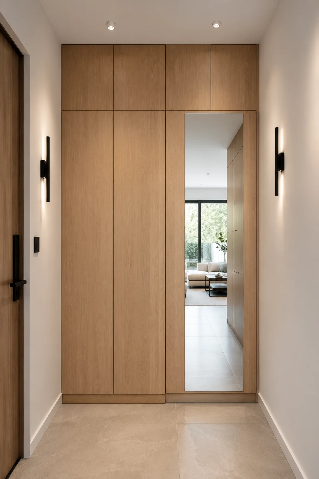 Modern small entryway with full height oak storage cabinets, integrated floor to ceiling mirror, concealed storage, black wall sconces, oversized porcelain flooring, and a luxury minimalist entrance with seamless built in cabinetry.