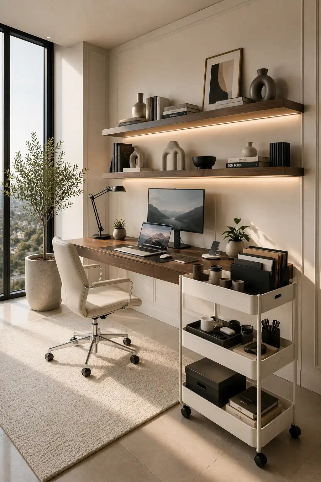 Elegant small home office ideas featuring a walnut floating desk, rolling storage cart, floating wood shelves, integrated LED lighting, ergonomic office chair, indoor plants, organized office supplies, modern workspace design, functional home office inspiration.