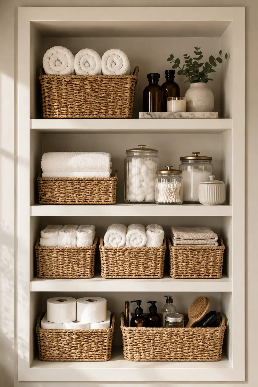 Built in bathroom shelving organized with woven storage baskets, rolled white towels, glass jars filled with cotton balls and swabs, decorative amber bottles, candle, greenery, luxury bathroom organization ideas, modern storage inspiration, budget bathroom makeover.