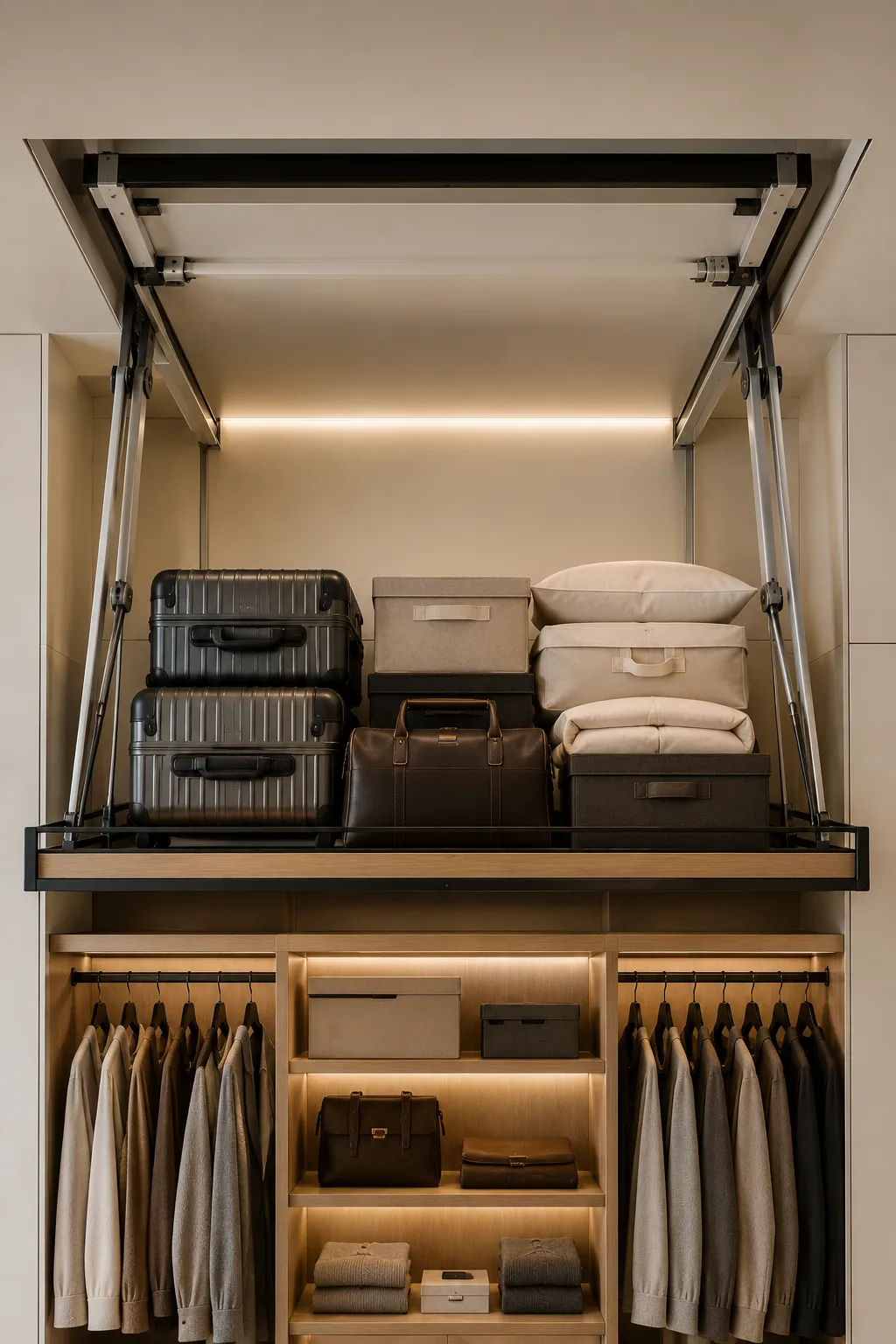 Luxury custom closet with ceiling mounted storage lift holding luggage, storage boxes, seasonal bedding, premium cabinetry, warm LED lighting, motorized overhead storage platform, organized vertical storage, and smart small closet organization ideas for maximizing unused ceiling space.