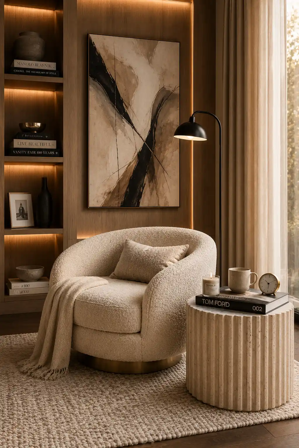 Modern bouclé swivel reading chair with fluted stone side table, warm LED shelving, abstract wall art, cozy throw blanket, textured rug, and luxury contemporary reading nook decor for stylish homes.