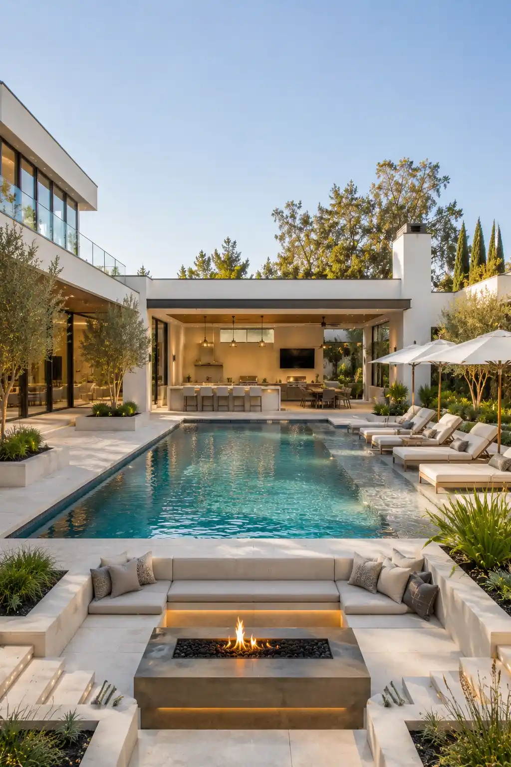 Luxury backyard pool with outdoor kitchen, covered entertainment pavilion, built in grill, spacious dining area, premium sun loungers, modern white architecture, porcelain pool deck, fire pit lounge, and elegant resort style outdoor living design.