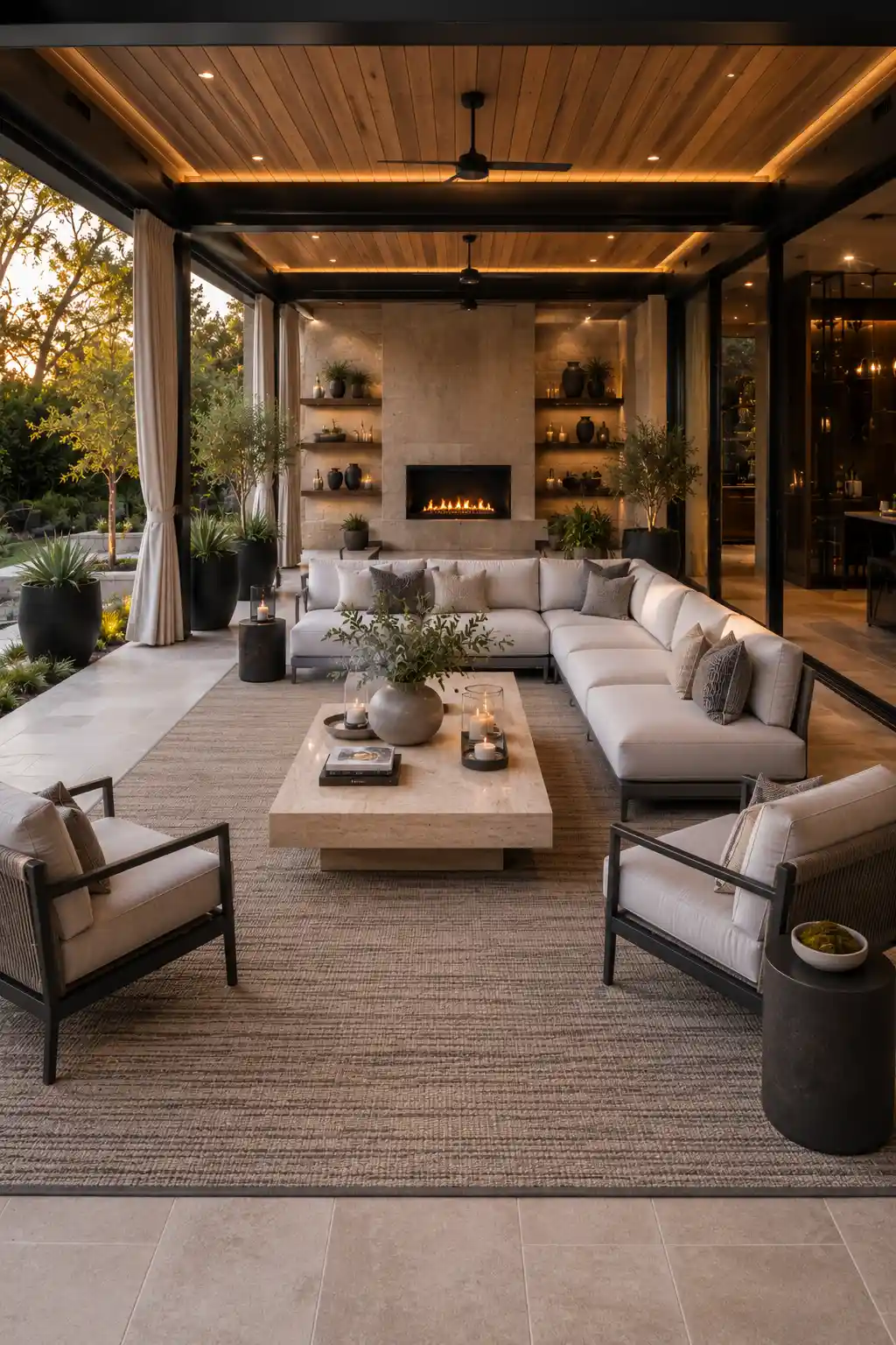 Covered luxury outdoor patio featuring a large neutral woven outdoor rug beneath a spacious ivory sectional, matching lounge chairs, oversized travertine coffee table, modern outdoor fireplace, black aluminum framing, warm wood ceiling, elegant planters, soft lighting, and a sophisticated outdoor living room.