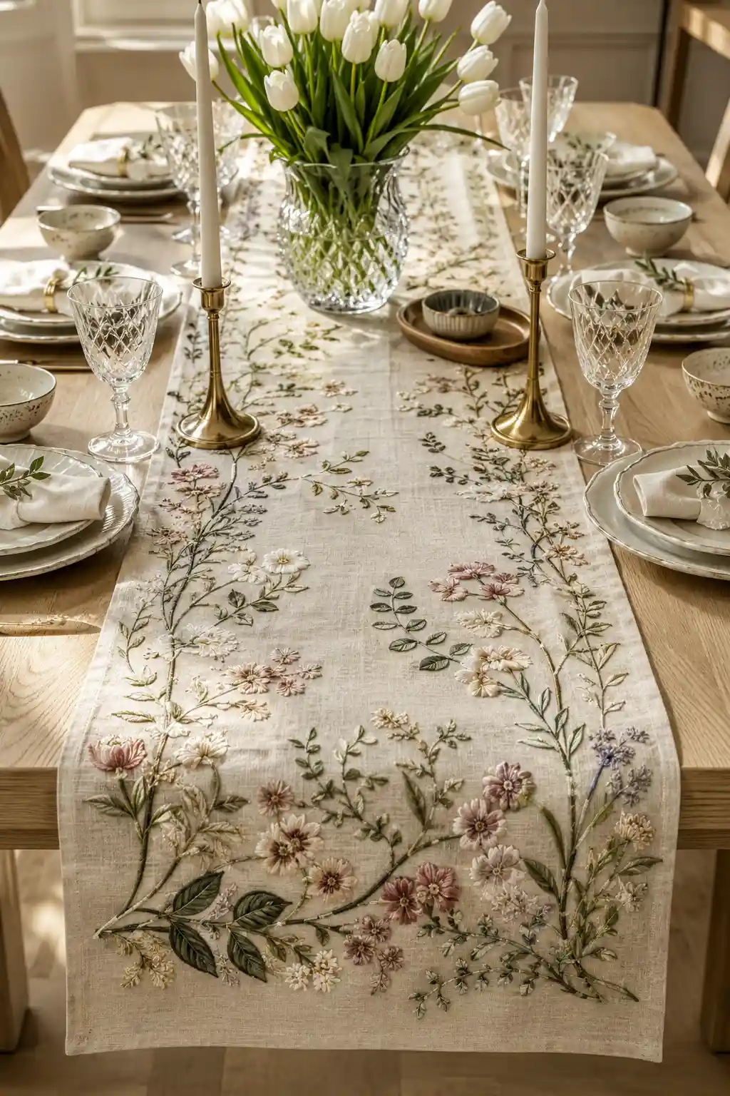 Elegant embroidered floral linen table runner displayed on a light oak dining table with ceramic dinnerware, crystal glasses, brass candle holders, and a fresh tulip centerpiece creating a luxury spring dining tablescape.