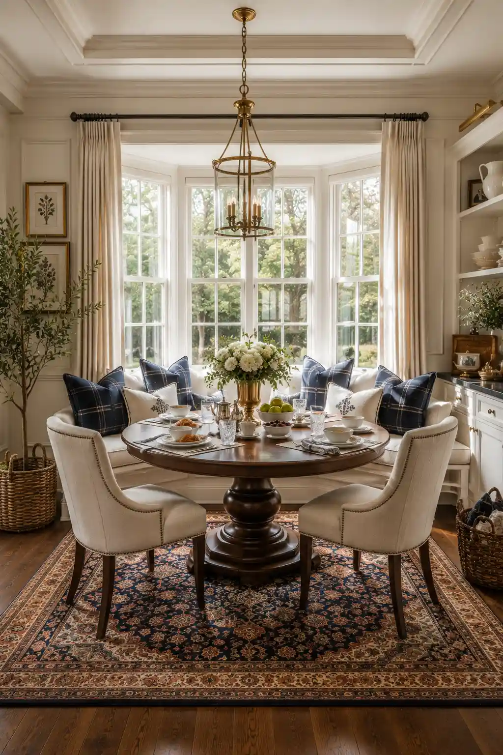 Beautiful Ralph Lauren breakfast nook with a round walnut dining table, built in banquette seating, cream upholstered dining chairs, navy plaid accent pillows, antique brass lantern chandelier, Persian area rug, oversized windows, fresh white flowers, elegant table setting, and timeless traditional kitchen dining room decor.