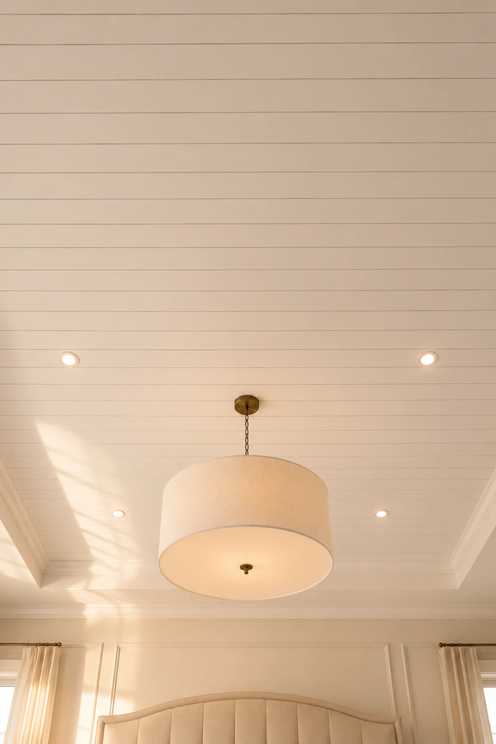 Soft white shiplap bedroom ceiling with oversized linen drum pendant light, warm recessed lighting, elegant tray ceiling design, luxury bedroom ceiling inspiration, classic white painted wood planks, calming neutral bedroom decor, timeless ceiling makeover, sophisticated modern interior, premium shiplap ceiling ideas for cozy bedrooms