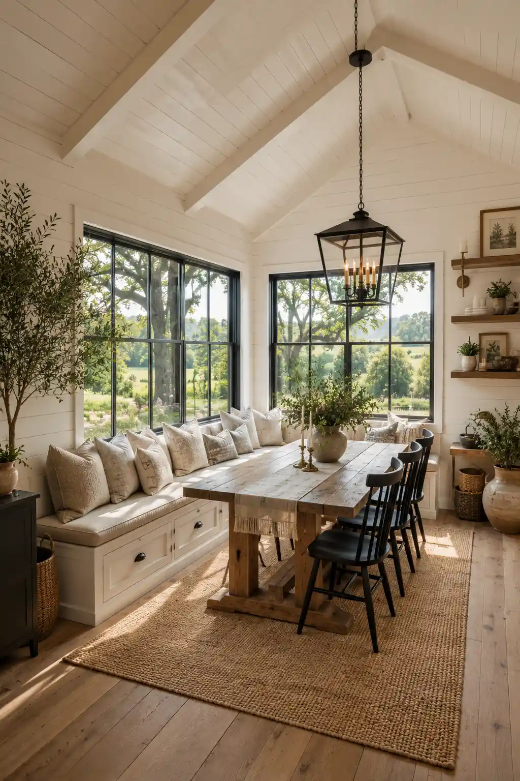 Modern farmhouse banquette seating with shiplap walls, reclaimed wood dining table, black spindle chairs, built in dining bench, storage drawers, woven rug, oversized windows, rustic breakfast nook, farmhouse dining room ideas, cozy banquette inspiration.