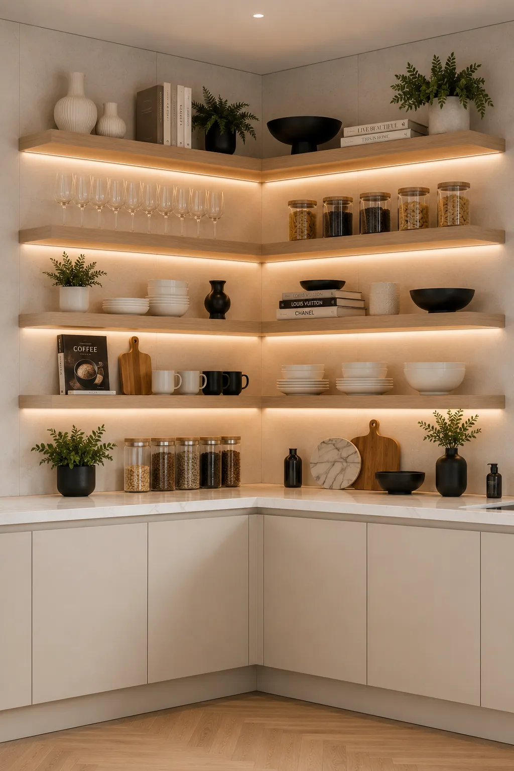 Luxury kitchen featuring open floating corner shelves with beautifully styled ceramic dinnerware, glass storage jars, cookbooks, serving bowls, decorative accessories, warm LED shelf lighting, and natural wood shelving. Modern kitchen corner storage idea with clean contemporary design and organized open shelving.