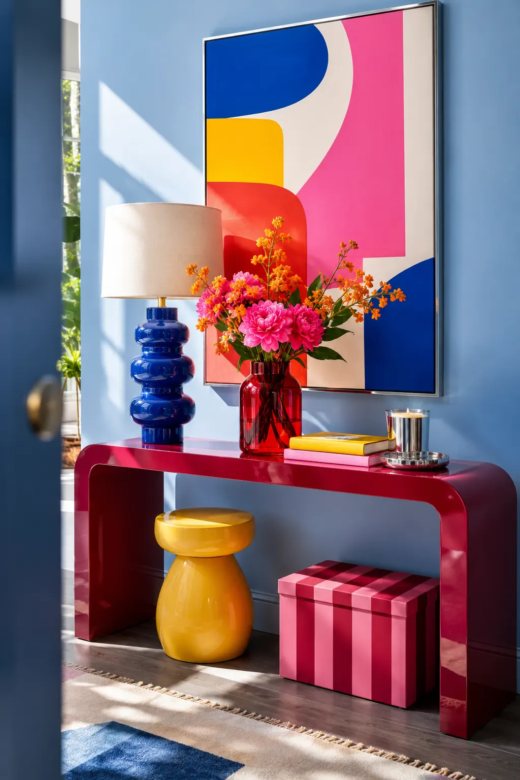 Colorful modern entryway featuring a glossy burgundy console table, cobalt blue sculptural lamp, bright pink and orange seasonal flower arrangement, stacked colorful books, abstract wall art, yellow stool, and striped storage box.