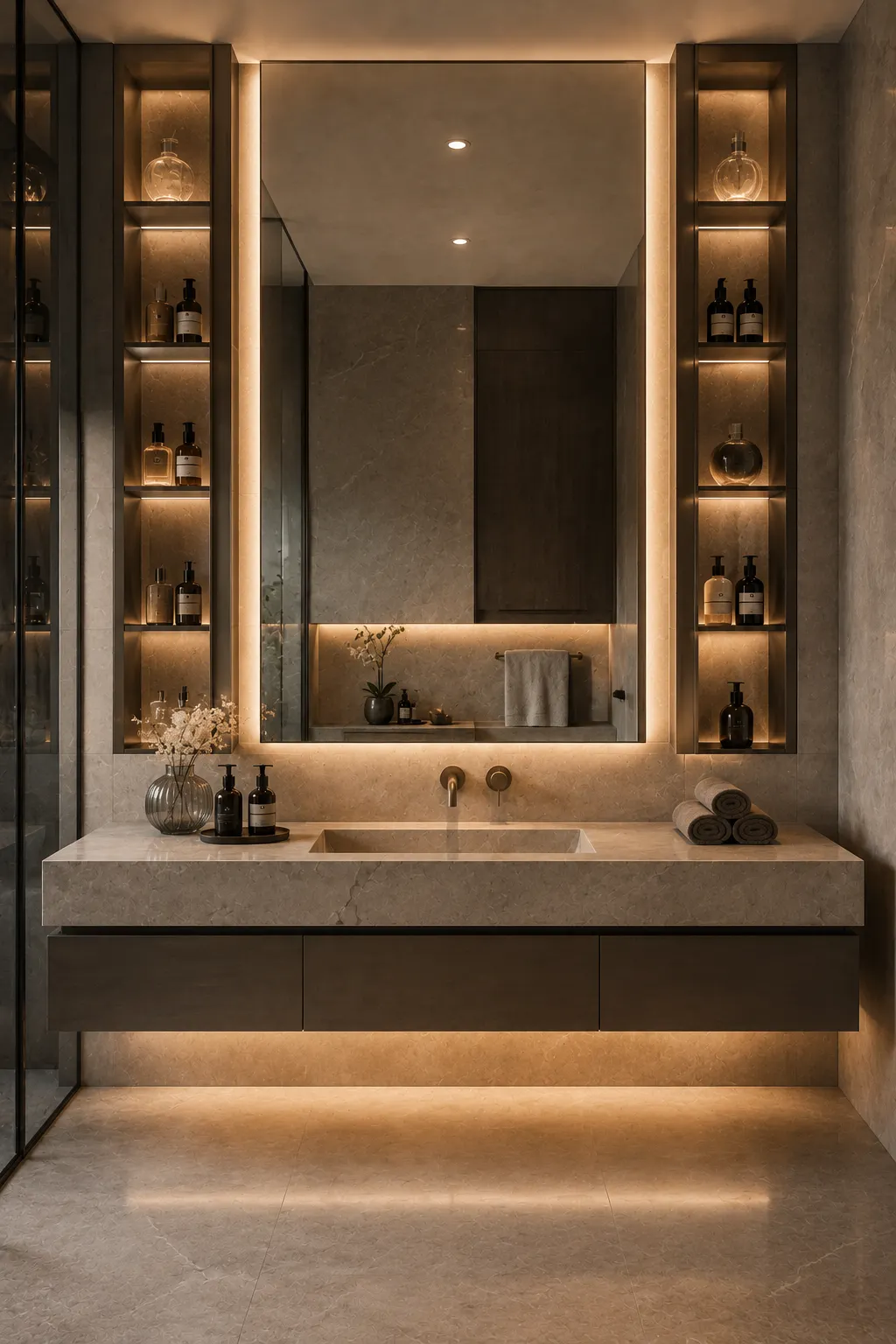 Luxury modern vanity with mirror integrated display shelves, illuminated vertical storage niches, perfume bottles, skincare products, rolled towels, stone countertops, and elegant organized bathroom storage.